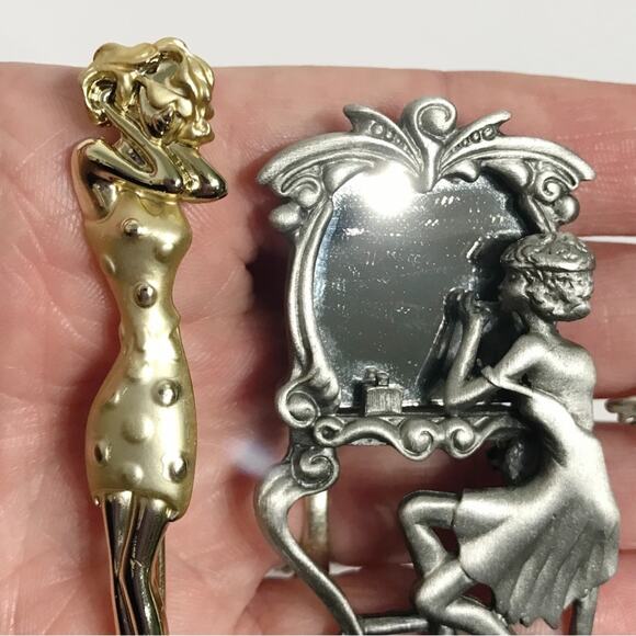 Vintage AJC Signed Mirror Sitting Lady Woman Figural Brooch Pin 3 Lot Set - Picture 5 of 16